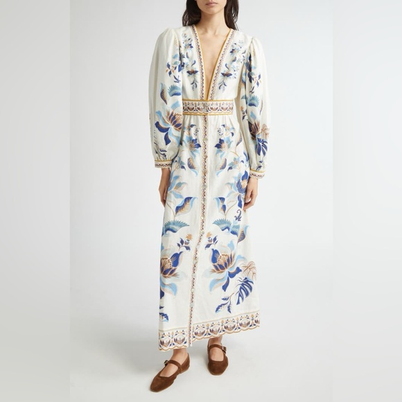 Farm Rio Mystic Blue Lotus Placed Print Long Sleeve Linen Blend Maxi Dress - Picture 2 of 16